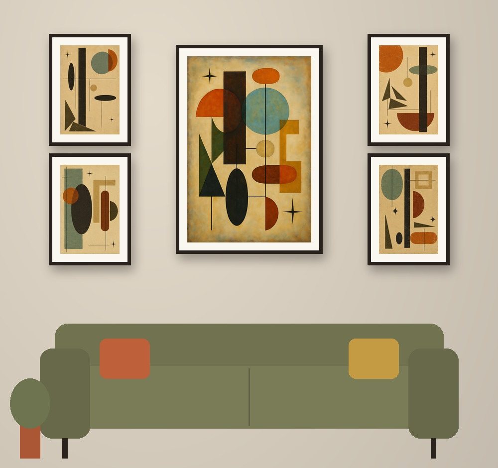 The Totem collection, five framed color-block prints hung above an olive sofa